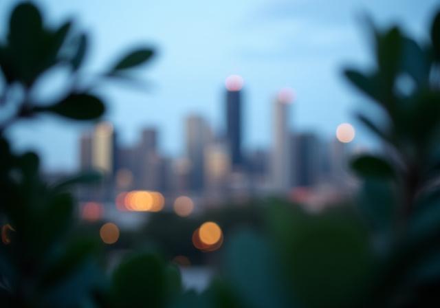 Melbourne city skyline framed by botanical elements in a soft evening glow