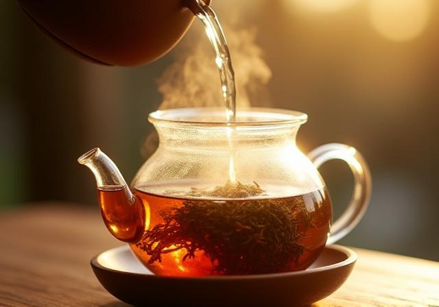 Artistic slow-shutter shot of water pouring into a glass teapot with loose leaf tea