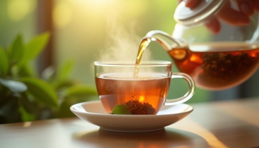 Close-up of premium tea leaves being poured into a glass teapot