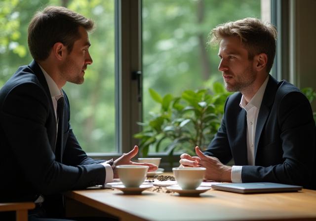 Team of experts discussing beverage strategy over premium tea