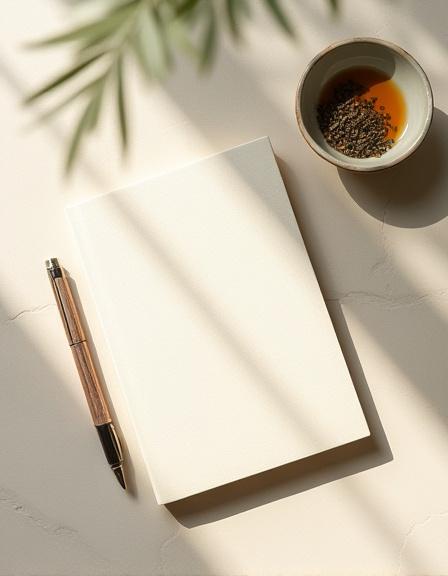 Elegant workplace setting with notebook and tea