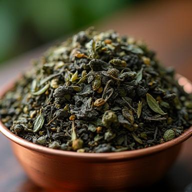 Artisan tea leaves being weighed on a vintage scale