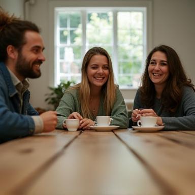 Attendees engaged in conversation around a wooden tea table