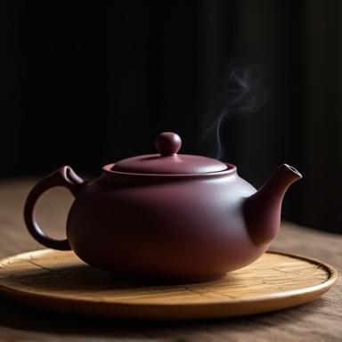 Detail of a clay teapot with steam rising softly