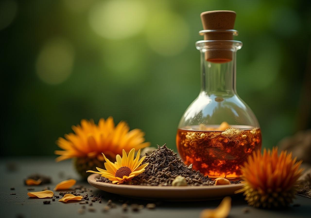 Artistic display of functional tea ingredients and modern laboratory glass