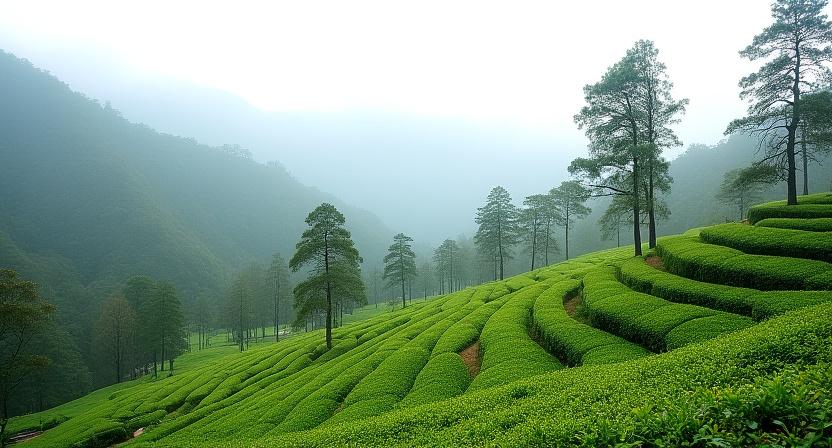 Lush tea garden with diverse plant life and shade trees