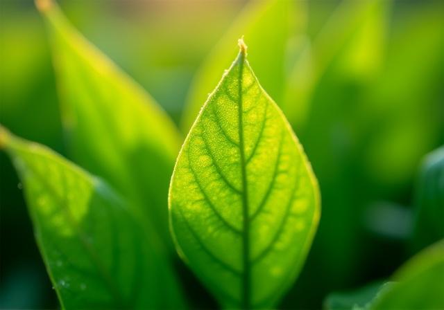 Close up of vibrant green tea leaves on a sustainable farm