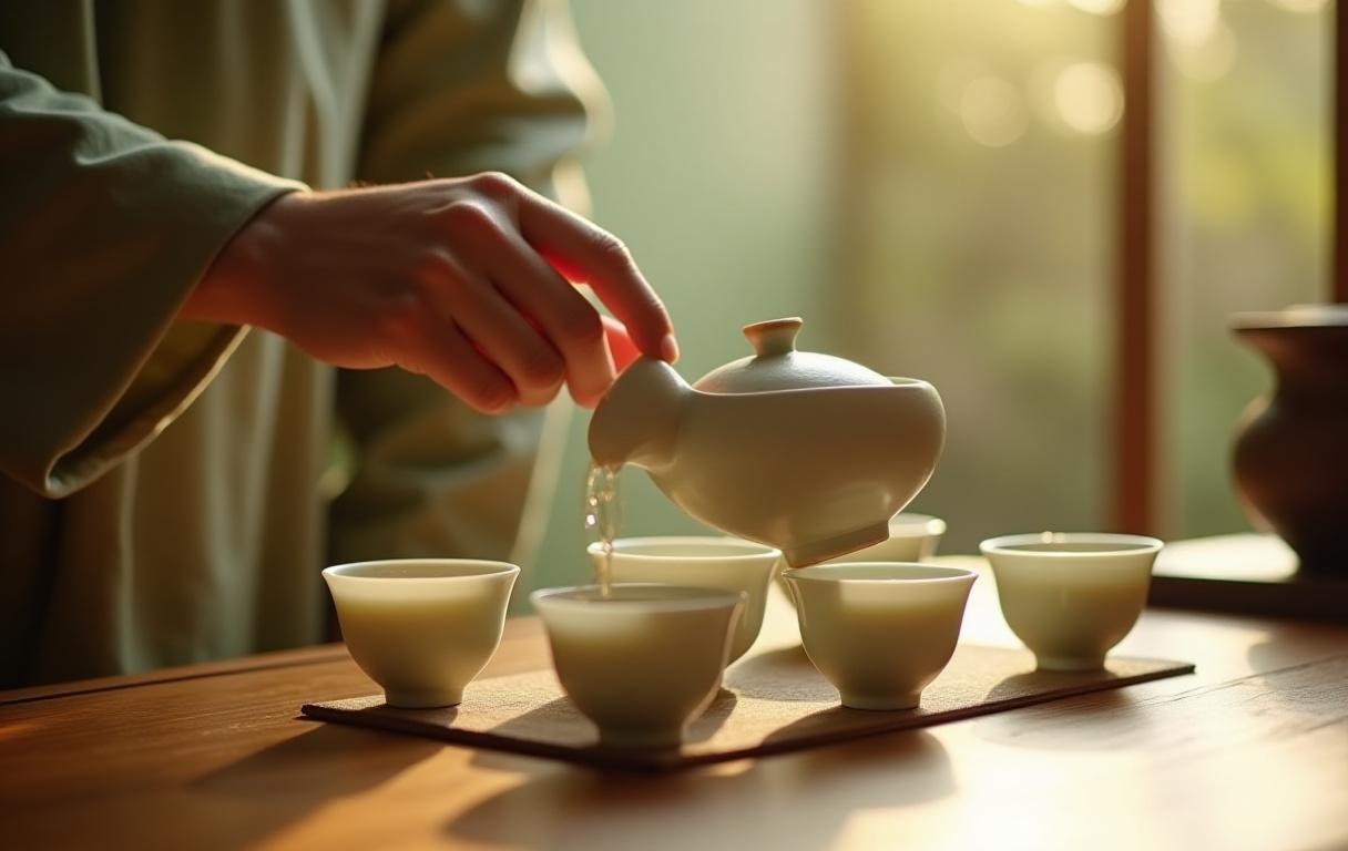 Close up of a hand pouring tea into a small porcelain cup during a Gong Fu ceremony